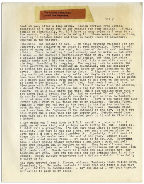 Hunter Thompson Letter -- ''...The nagging lust to rewrite the novel prevents me from focusing on journalism, and the necessity of paying the bills with journalism keeps me from...the novel...''